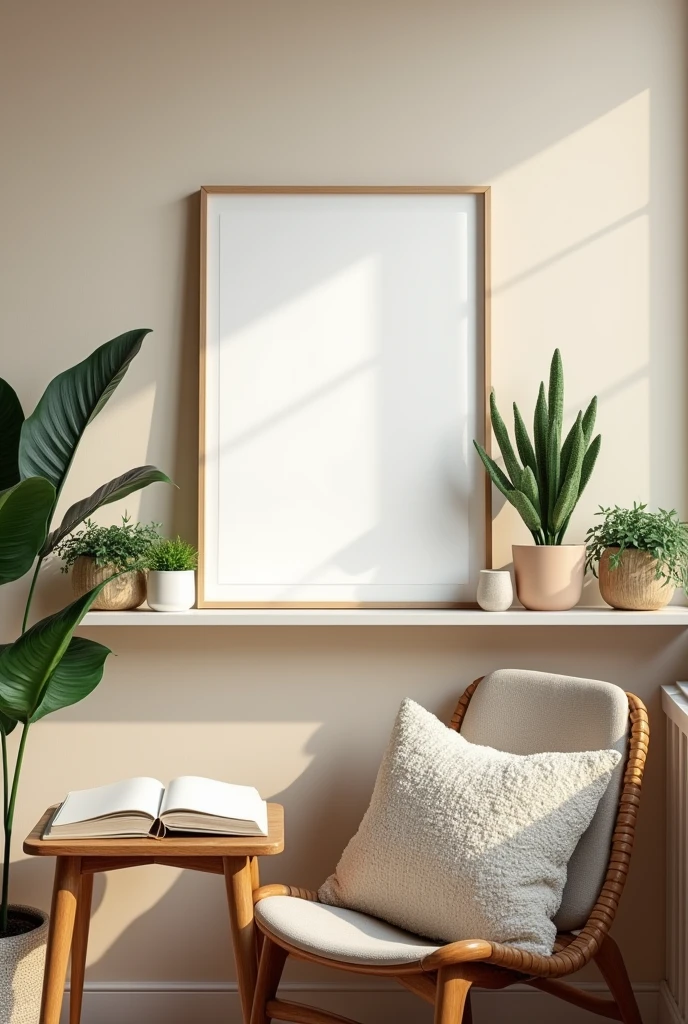 A framed A4 poster with a blank canvas, placed on a minimalist Scandinavian-style shelf. The poster is surrounded by indoor plants in ceramic pots, with a neutral-toned wall as the backdrop. The setting includes a cozy reading nook with a wooden chair, a small table with a book, and soft ambient lighting