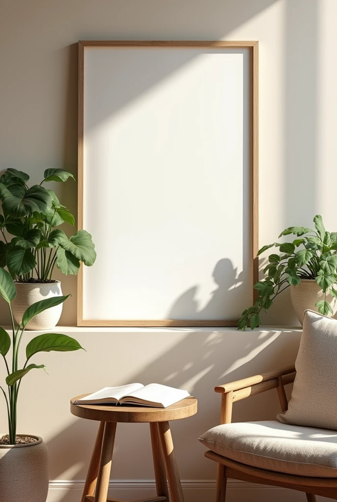 A framed A4 poster with a blank canvas, placed on a minimalist Scandinavian-style shelf. The poster is surrounded by indoor plants in ceramic pots, with a neutral-toned wall as the backdrop. The setting includes a cozy reading nook with a wooden chair, a small table with a book, and soft ambient lighting