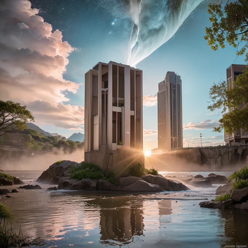 (8k, highest quality, masterpiece, final fantasy style: 1.2), (unRealistic, photoRealistic: 1.37), Dreamy landscape, epic scenes, sunset, Fantasy, Unsurreal landscapes, Super detailed, Flying futuristic Castle, Floating Island in the Sky, Seven-colored swirl of light, Intense lightning, nebulas,Complex Light, Colored light, blue clear Large Lake, Starry sky reflected on the lake surface, Countless shining stars, Meteors, Reflections , (A pillar of light emanated from the ground:1,2), (((roses and orchids gardens , bright sunset, pink and blue clouds, waterfalls in the sky, realistic style))), Hyperrealistic drawing , burning futuristic skyscrapers, , timeless realms, healing light magic effect, in a crystal clear blue magical lagoon of the fairyland, crystal clear waters with silver surface reflections, sharp focus, (close-up:0.9), (bright white theme:1.2), (bright white tone:1.2), (deep blue tone:1.3),((( realistic, Hyperrealism, vivid colours , landscapes , alien nature , science fiction themes))), mountains and abyss, water resources and waterfalls , fog , a mesmerizing beautiful woman sitting in the shallow lake, her reflections on the surface of the lake , long brunette hair, white blouse