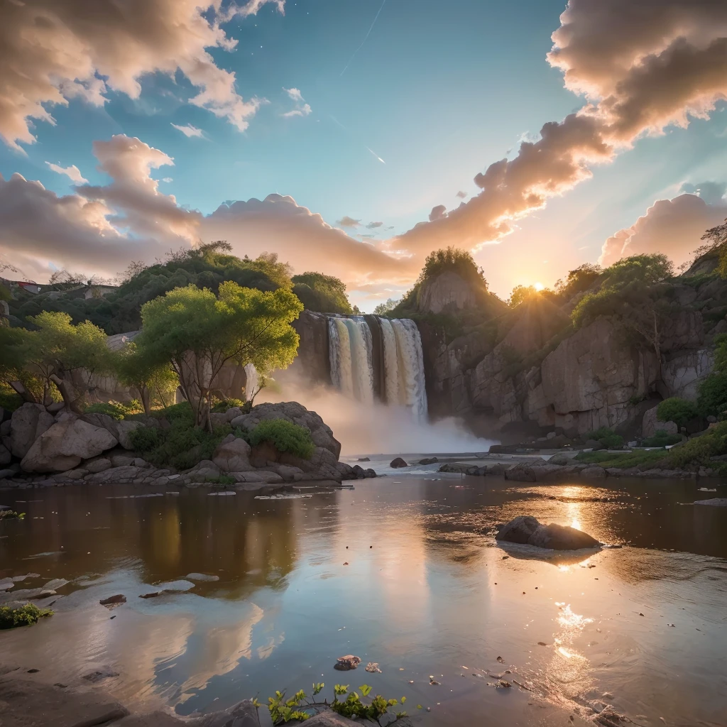 (8k, highest quality, masterpiece, final fantasy style: 1.2), (unRealistic, photoRealistic: 1.37), Dreamy landscape, epic scenes, sunset, Fantasy, Unsurreal landscapes, Super detailed, Flying futuristic  Castle, Floating Island in the Sky, Seven-colored swirl of light, Intense lightning, nebulas,Complex Light, Colored light, blue clear Large Lake, Starry sky reflected on the lake surface, Countless shining stars, Meteors,  Reflections , (A pillar of light emanated from the ground:1,2), (((roses and orchids gardens , bright sunset, pink and blue clouds, waterfalls in the sky, realistic style))), Hyperrealistic drawing , burning futuristic skyscrapers, , timeless realms, healing light magic effect, in a crystal clear blue magical lagoon of the fairyland, crystal clear waters with silver surface reflections, sharp focus, (close-up:0.9), (bright white theme:1.2), (bright white tone:1.2), (deep blue tone:1.3),((( realistic, Hyperrealism, vivid colours , landscapes , alien nature , science fiction themes))), mountains and abyss, water resources and waterfalls , fog , a mesmerizing beautiful woman sitting in the shallow lake, her reflections on the surface of the lake , long brunette hair, white blouse