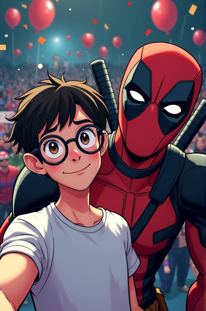 Draw an animated comic of a handsome young man (Peter Parker) wearing round glasses, a white T-shirt, posing for a selfie in a low-light environment. Behind this person, someone dressed as Deadpool is posing in the picture., the comic book character. The scene appears to be at a crowded event., like a convention or a party, since there are several people in the background.