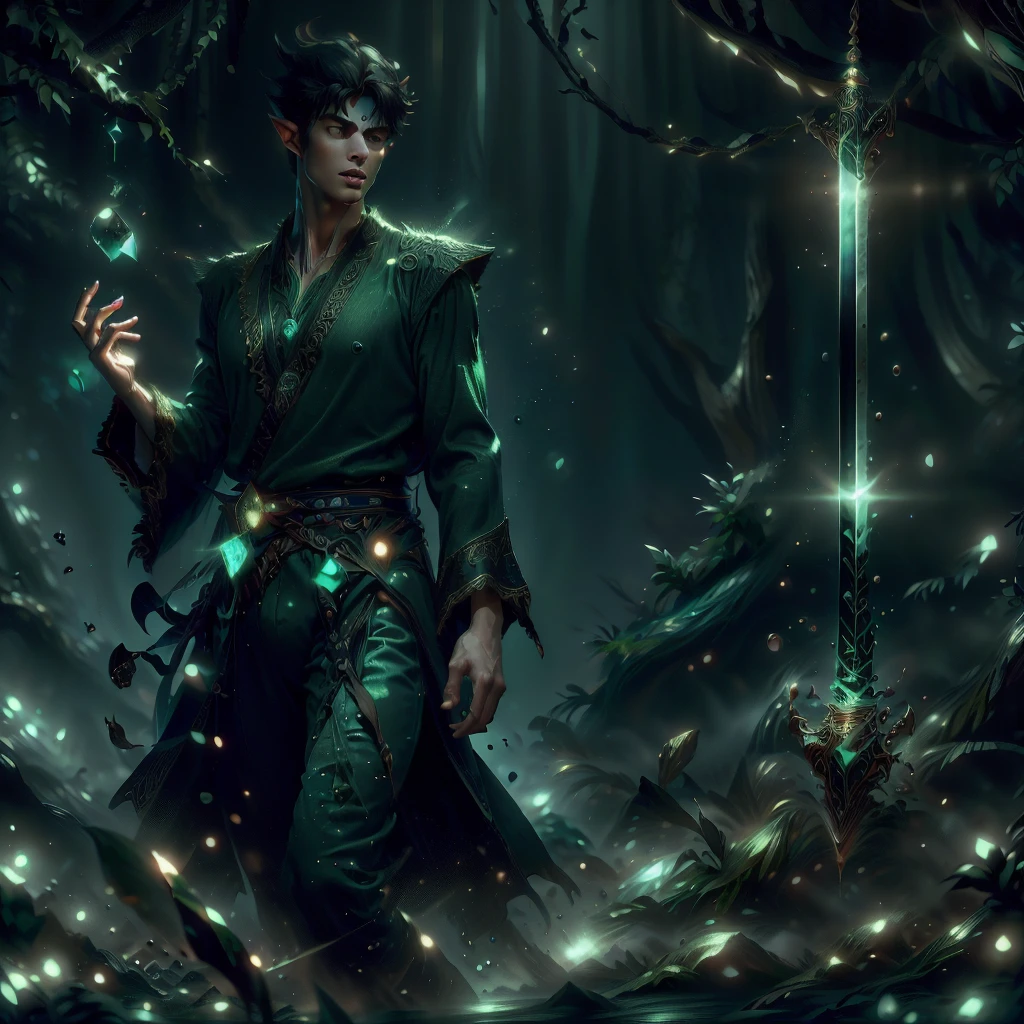 a muscular handsome wizard, (face : Matthew Daddario), extremely detailed face, perfect face, short hairstyle, looking at the viewer majestically, emerald green robe, black pants, wood wand with emerald crystal, wand in hand, sexy look, wizard hat, smooth skin, standing on a lake, doing nature magic,