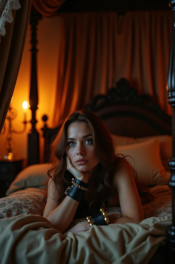 One woman is lying in bed bound with wide black leather handcuffs.