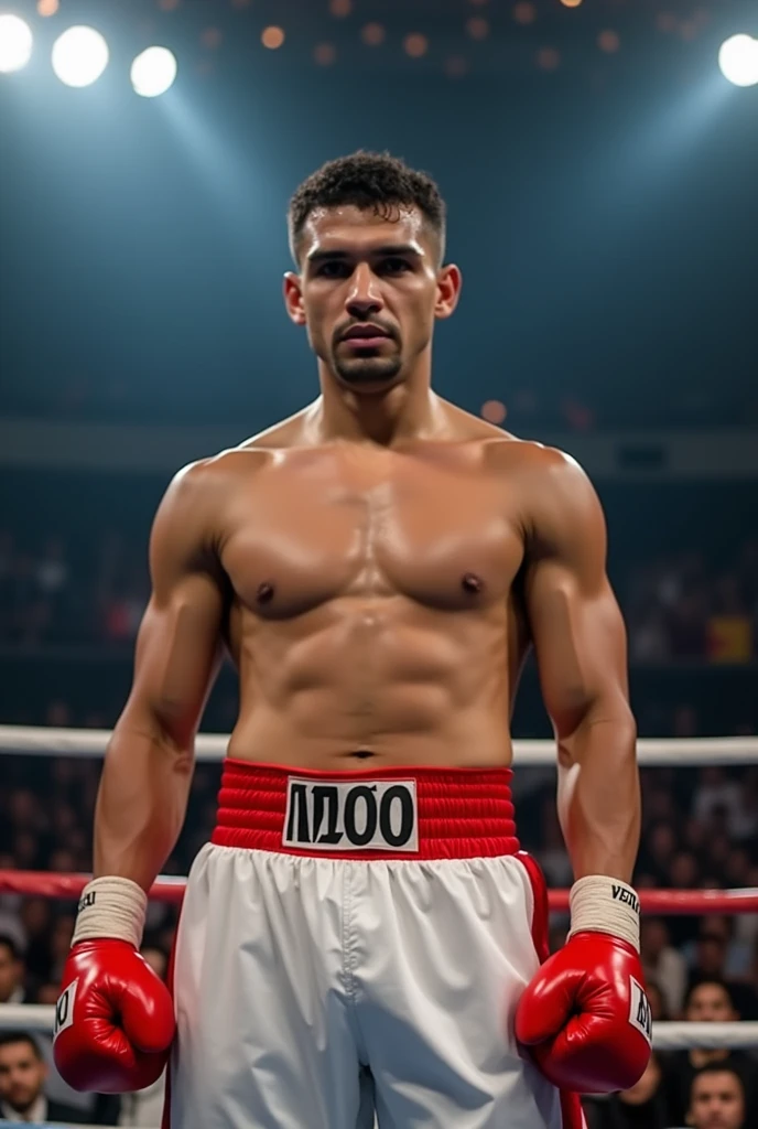 A Mexican boxer with short curly hair, white skin, a small flat nose, endomorphic build, wearing red gloves and white attire.