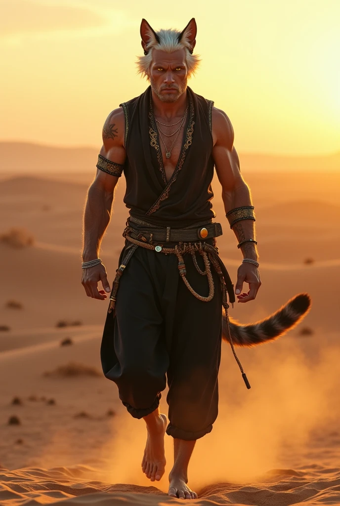 Alexander, Male, 6'6" tall, 28 years old, sharp claws on hands, sharp teeth, short white hair, sharp jawline, has sand cat tail and ears, has a huge scar on his back, yellow eyes, wears black desert prince vest mishu and black cotton linen pants, has a human head with sand cat ears on top, realistic