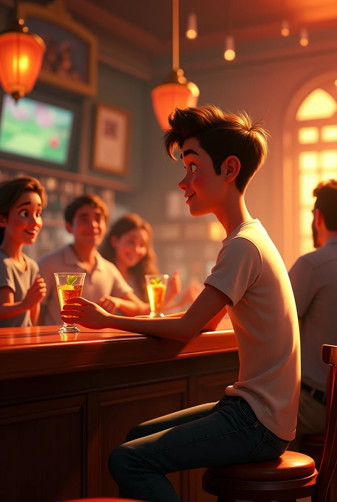 A young man with white t-shirt and jeans setting in a bar , pixar style, cinematic, masterpiece, high-aesthetic, realistic 