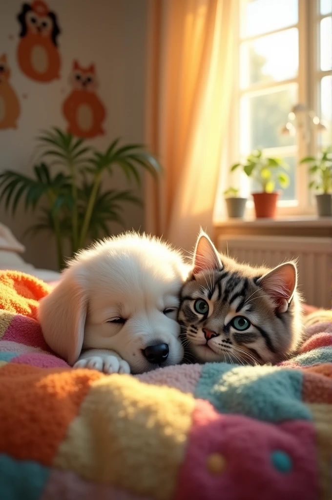 **10. Shared happiness**
- Bili snuggling in his warm bed next to Neve. Both seem happy and comfortable, symbolizing the new friendship.