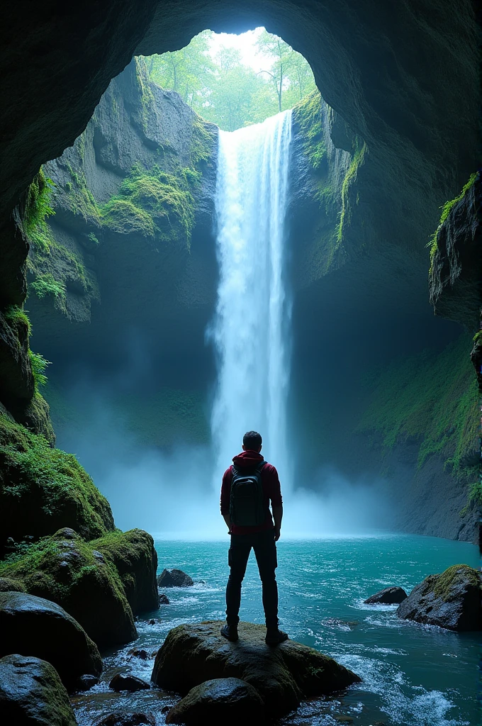 Create a waterfall and the view of a person in a cave 