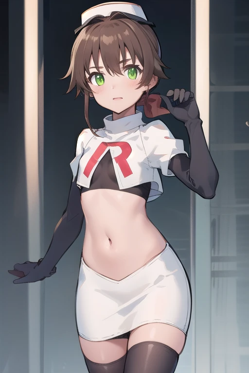 best quality, (masterpiece:1.2), illustration, absurdres,
(1girl), (solo), (beautiful detailed girl),
Towa Herschel, brown hair, ponytail, hair ribbon, green eyes, , small, short, flat chest, small breasts,
white hat, headwear,
team rocket,team rocket uniform,white skirt,red letter R,crop top,black thigh-highs,black elbow gloves,
looking at viewer, 
