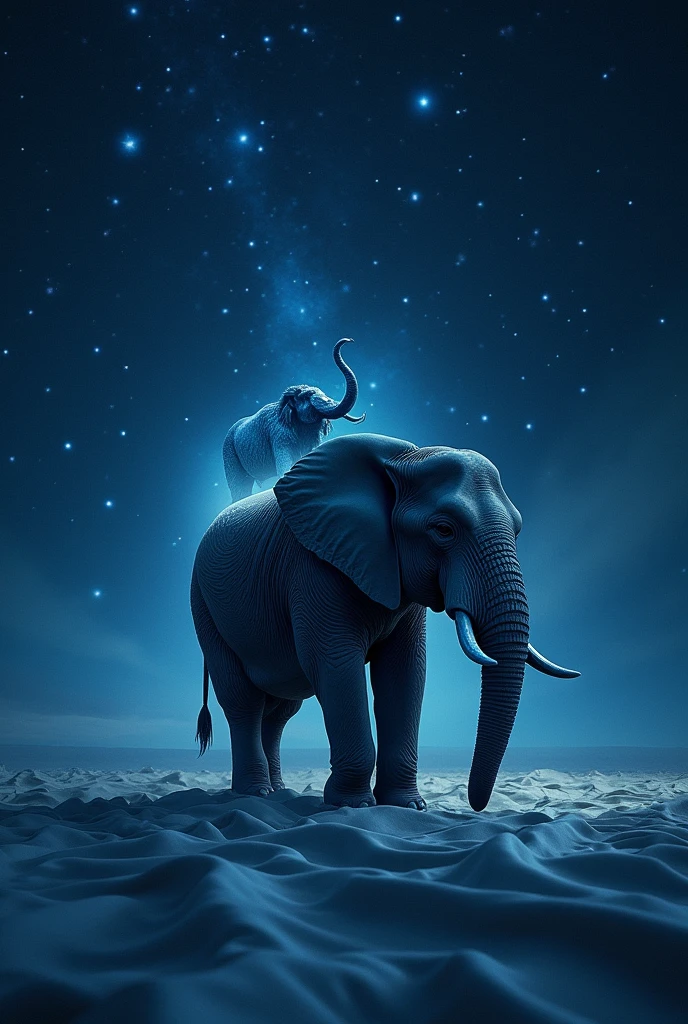 An elephant on a dark and starry night on the sheet and from where the stars in the background a mammoth in great spirit