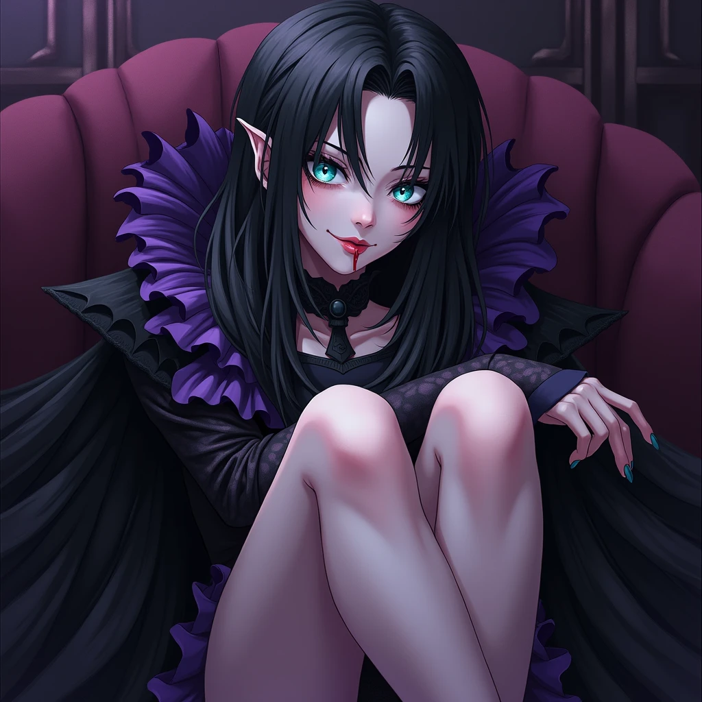 A sexy young male, black, long hair, teal blue eyes. Gothic clothes. (Male) (no facial or body hair)) masterpiece, best quality, ultra-detailed, best shadow), (detailed background) (purple and black) pretty handsome. Sexy Cute. No facial hair. No body hair. Wink. Seductive. Sexy. Pale and white skin. Smirking. Anime style. Blood. Vampire. Sexy. Death note style. Pink lips. SENSUAL. Purple and black gothic frilly clothes. Long lashes. Sexy pose. Crossing legs. Love. Shiny. Vampire Prince. Bottom angle. Seductive. Male. Bottom angle. Shiny. Long boots. Delicate facial features.