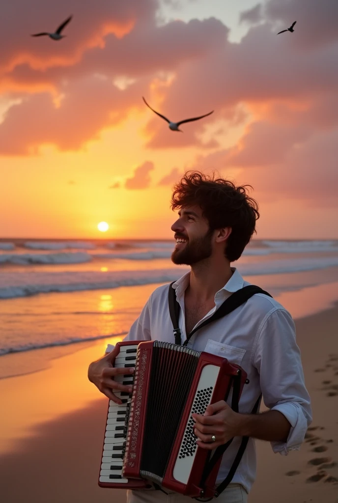 Draw a picture of a man playing an accordion on the beach at sunset.