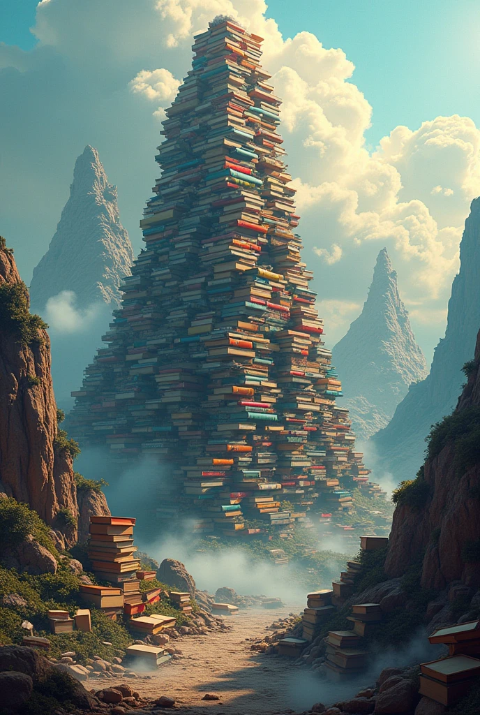 Mountain of books, flat surface where the ground is not visible, behind there are other similar mountains with different distances from the first mountain, the first mountain must be in the middle
