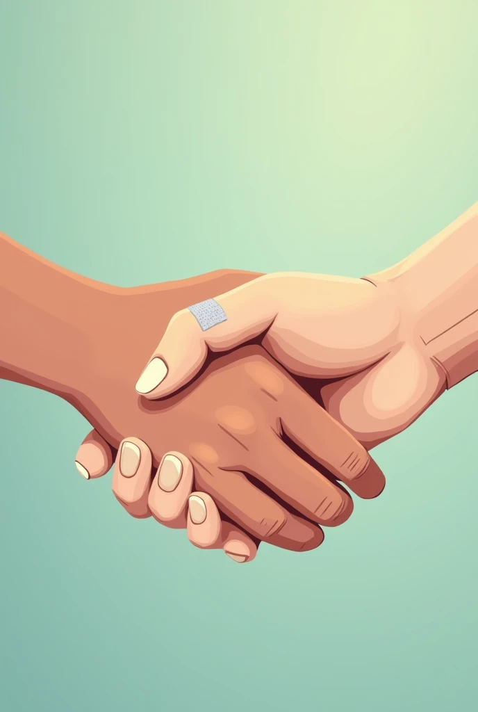 Two hands shaking hands that together form a heart. One of the hands has a injured finger, Well, it has a bandage. The image must be related to hand rehabilitation therapy. The colors must have tones according to health and rehabilitation. The image has to be a vector type to be used as a logo.