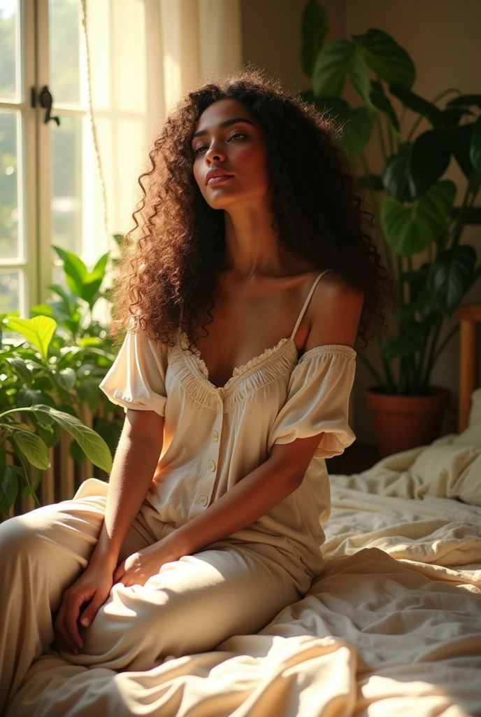 (photorealism:1.2), beautiful woman, sitting on bed, wearing loose off-shoulder top, pajama pants, long curly hair, indoors, soft lighting, plants in background, window with sunlight, cozy room, relaxed pose, realistic, intricate details, warm colors, by Greg Rutkowski, by Alphonse Mucha