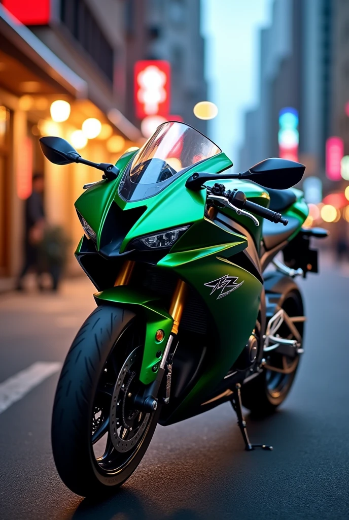 A Yamaha YZF-R motorcycle in metallic dark green