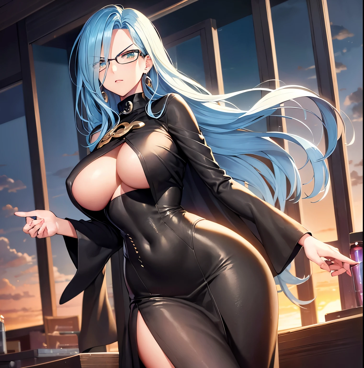 ((1girl)),((alone)),psykos (one punch man),(masterpiece), (best quality), (ultra detailed), (best illustration), (best shadow), (absurdities), sharp focus , cowboy shot, atmospheric perspective, depth of field, dynamic posture looking at the viewer, big breasts, narrow waist, wide hips, wide thighs, round butt, erotic, romantic, (very detailed eyes, lips 1.1), very detailed eyes, eyes, Very detailed face, Very beautiful face, Symmetrical face, Aesthetic face, perfect face, perfect eyes, detailed eyelashes: 1.5), full height, beautiful slim figure, femininity, expressive appearance, elastic big breasts, sexuality, mature woman, hair cyan, wavy hair, very long hair, glasses, earrings, black cape, long dress: 1.3, black dress: 1.4, high neck dress, neckline: 1.3 long sleeves, white vertical stripes, black heels: 1.3, glare, all body, hands behind the back, curves, defined body, Perfect and beautiful body, perfect and beautiful, closed mouth, neutral expression, serious face, blushing, (sexy pose: 1.2), ((solo)), standing: 1.3, ((interior, laboratory, table, test tubes, window, sunset, showcase, clouds)), looking forward, ((focus on hips)), point of view: (from Middle), perfect anatomy, perfect hands