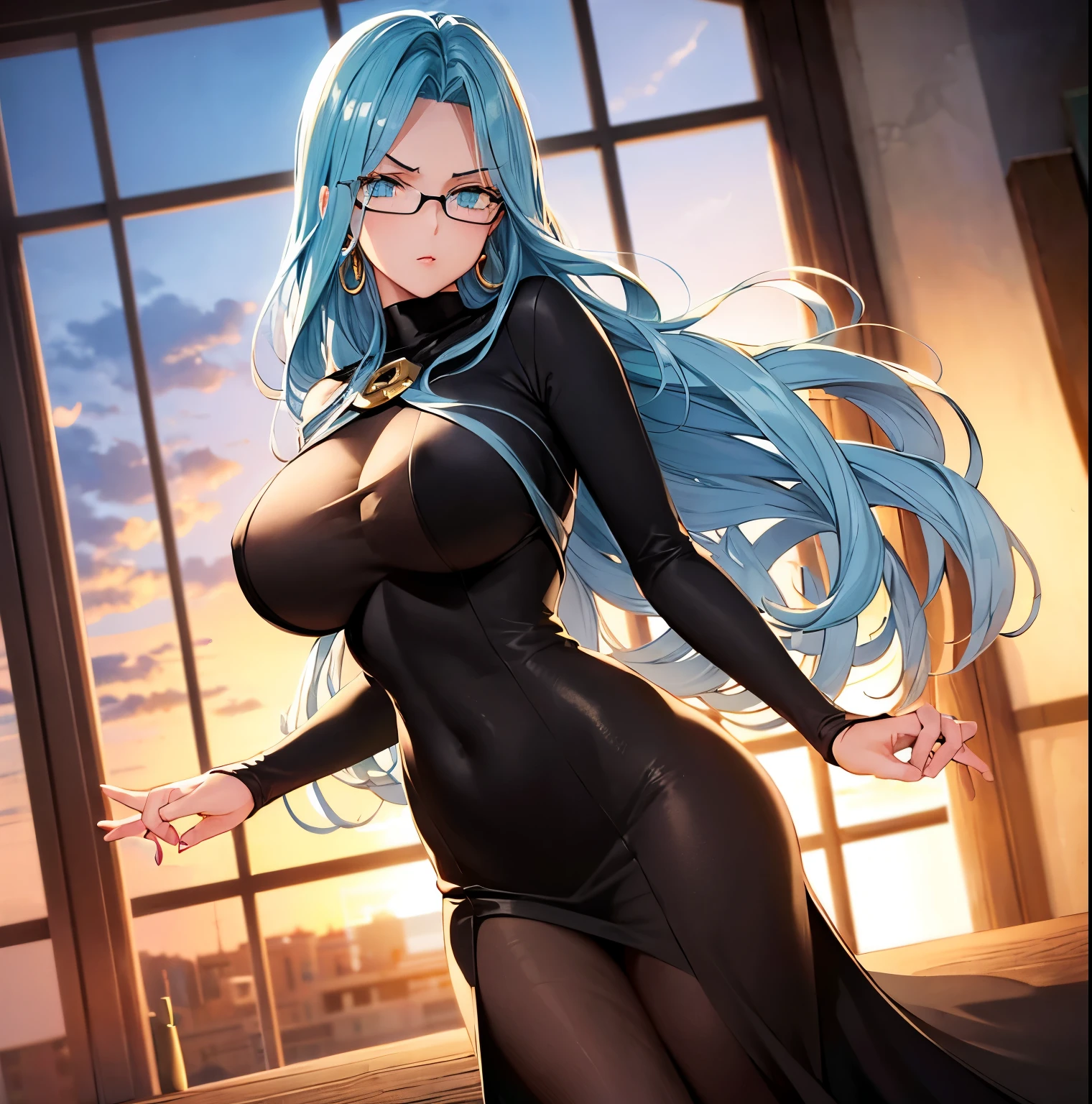 ((1girl)),((alone)),psykos (one punch man),(masterpiece), (best quality), (ultra detailed), (best illustration), (best shadow), (absurdities), sharp focus , cowboy shot, atmospheric perspective, depth of field, dynamic posture looking at the viewer, big breasts, narrow waist, wide hips, wide thighs, round butt, erotic, romantic, (very detailed eyes, lips 1.1), very detailed eyes, eyes, Very detailed face, Very beautiful face, Symmetrical face, Aesthetic face, perfect face, perfect eyes, detailed eyelashes: 1.5), full height, beautiful slim figure, femininity, expressive appearance, elastic big breasts, sexuality, mature woman, hair cyan, wavy hair, very long hair, glasses, earrings, black cape, long dress: 1.3, black dress: 1.4, high neck dress, neckline: 1.3 long sleeves, white vertical stripes, black heels: 1.3, glare, all body, hands behind the back, curves, defined body, Perfect and beautiful body, perfect and beautiful, closed mouth, neutral expression, serious face, blushing, (sexy pose: 1.2), ((solo)), standing: 1.3, ((interior, laboratory, table, test tubes, window, sunset, showcase, clouds)), looking forward, ((focus on hips)), point of view: (from Middle), perfect anatomy, perfect hands