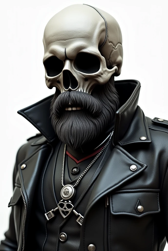 Skull face with beard, leather jacket, open leather vest, silver soldier-style cord, with white image background.