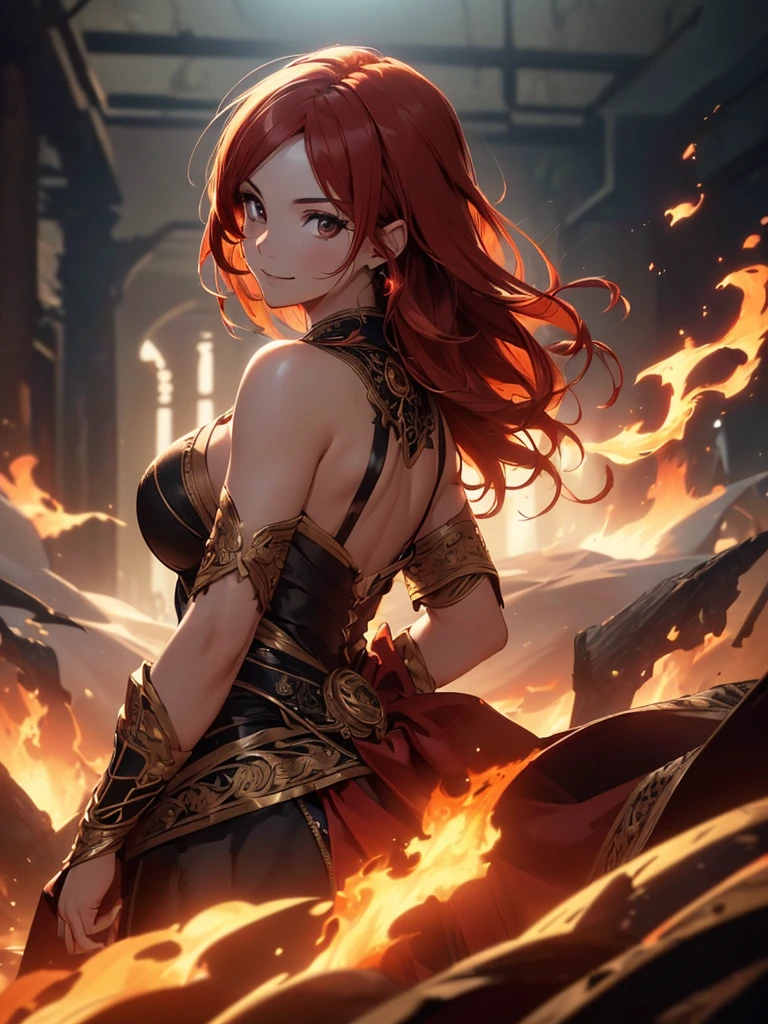 (((best quality, sharp image, clear image, cinematic lighting, 8k resolution, masterpiece, ultra detailed, intricate))) Girl, (((looking over left shoulder))), (shot from behind), fire mage, ((intricate background)), ((chaotic background)), red hair, smiling