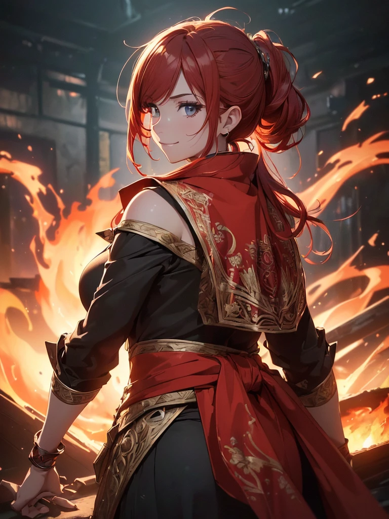 (((best quality, sharp image, clear image, cinematic lighting, 8k resolution, masterpiece, ultra detailed, intricate))) Girl, (((looking over left shoulder))), (shot from behind), fire mage, ((intricate background)), ((chaotic background)), red hair, smiling