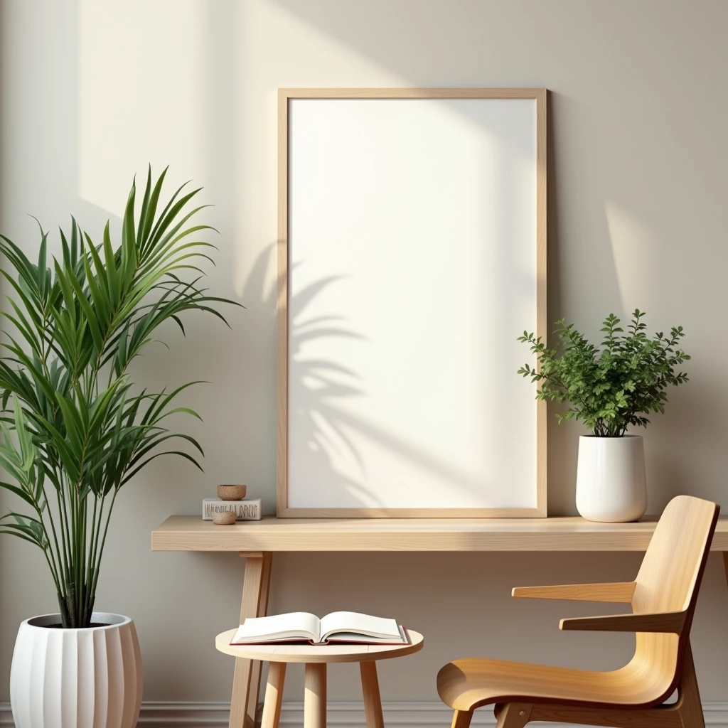 A framed A4 poster with a blank canvas, placed on a minimalist Scandinavian-style shelf. The poster is surrounded by indoor plants in ceramic pots, with a neutral-toned wall as the backdrop. The setting includes a cozy reading nook with a wooden chair, a small table with a book, and soft ambient lighting