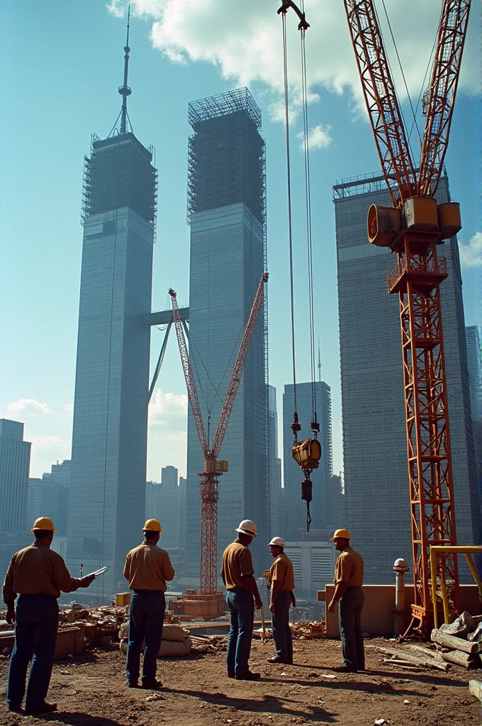 . Construction of the Twin Towers:
   - Character: Construction workers
   - Description: Workers building the Twin Towers with cranes and scaffolding
   - Time period: 1970s
   - Clothing: safety helmet, work overalls, construction tools
   - Location:World Trade Center construction site in Manhattan
   - Action: Workers assembling steel structures and glass panels
   - What is seen in the background: Metal structures under construction, blue sky
   - Shot Type: Very Long Shot
   - Style: hyper-realistic, Photo realism, cinematography -- ar 9:16