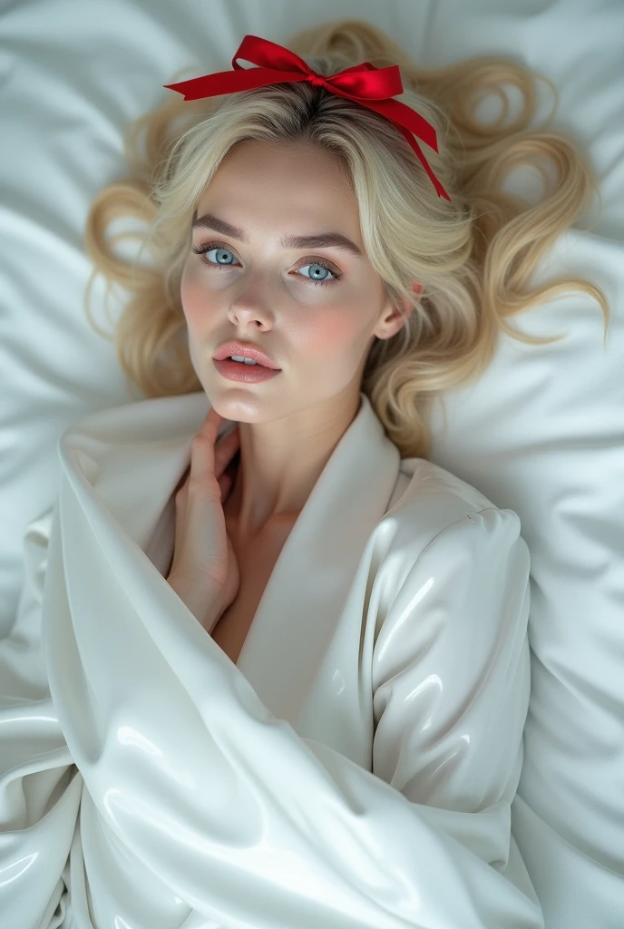 A beautiful blonde woman with blue eyes, Naked and covered from head to toe in white plastic, lying on a bed, She wears a gift ribbon on her head, Ultrarealistic and beautiful face, Realistic and high quality image, Excellent lighting, Full body view