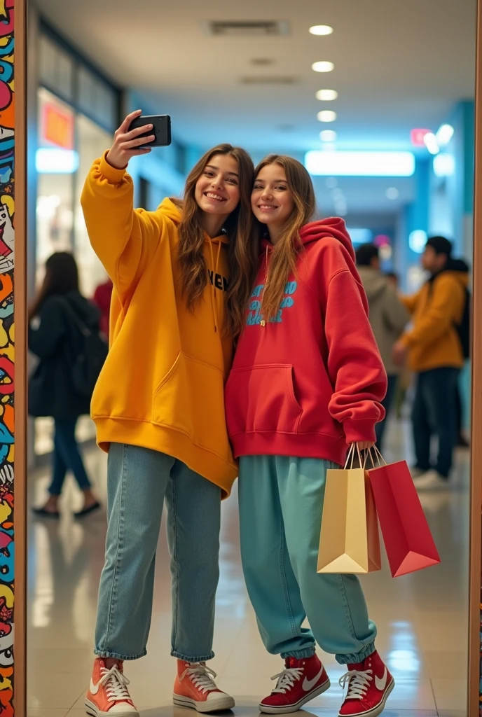 girls with skater clothes taking a selfie with their phones in a realistic shopping mall mirror