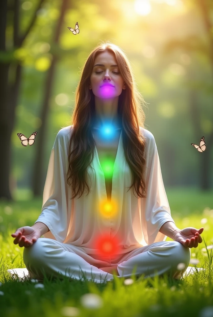 a woman sitting with chakras 
