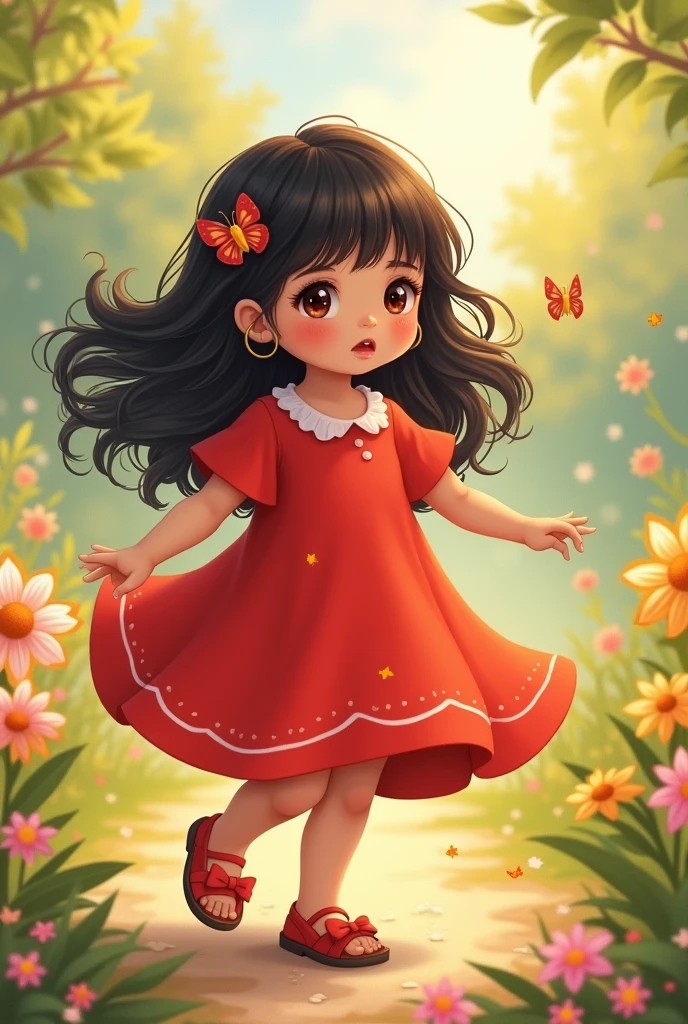 Create a half-brown baby, long black hair, very dark brown eyes, in a red dress with sandals, human version
