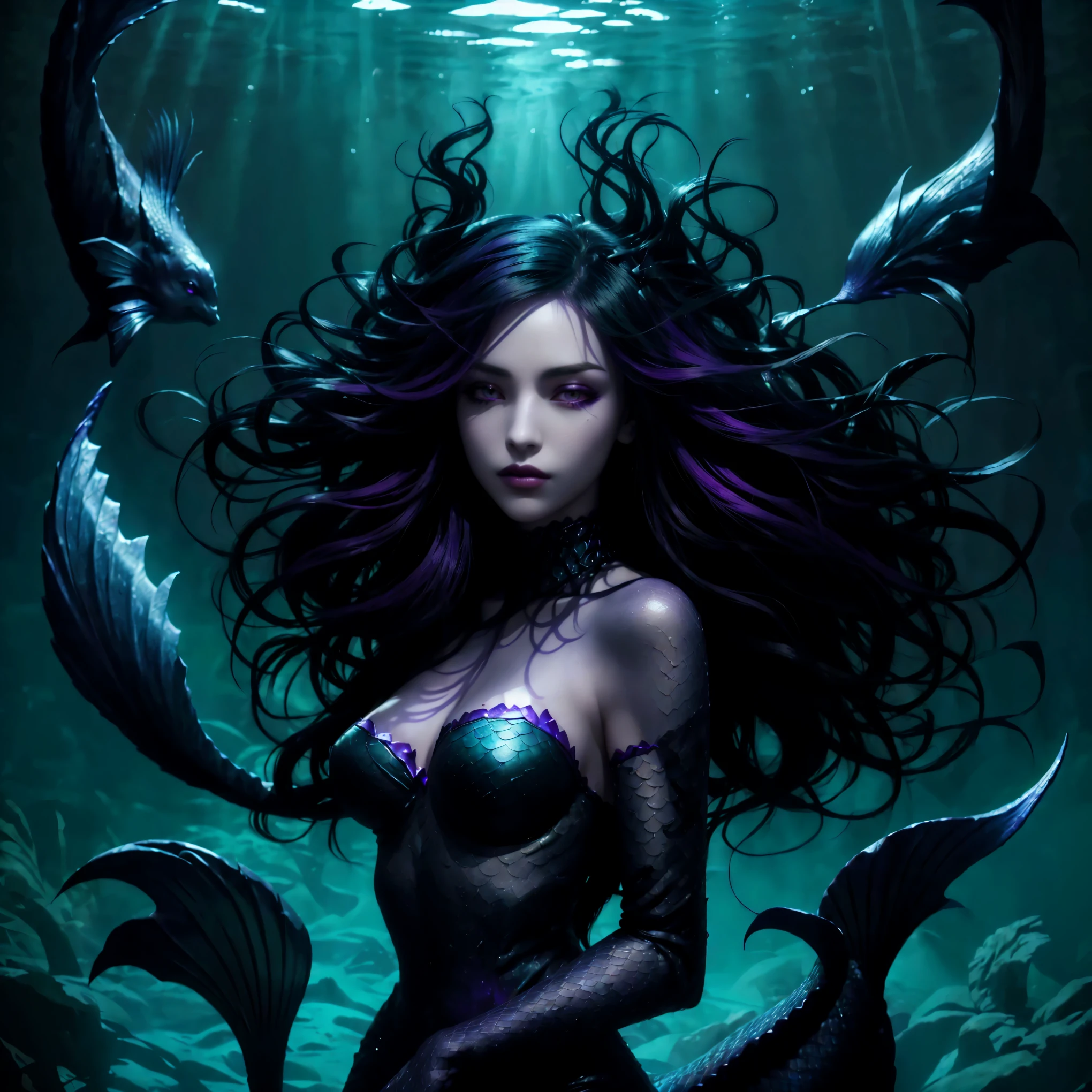 mermaid with long black hair and purple eyes sitting on a rock, portrait of the gothic and dark mermaid, with purple and straight hair, shades of purple, purple and deep sea, beautiful mermaid, portrait of sereia warrior, portrait of sereia, portrait of sereia queen, dark fantasy style art, in the style of dark fantasy art, with purple scales (ultra realisitic)