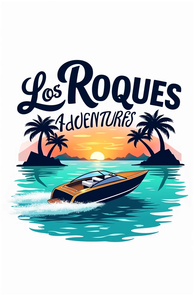 Logo for a travel agency called Los Roques Adventures with the sea in the background and a boat