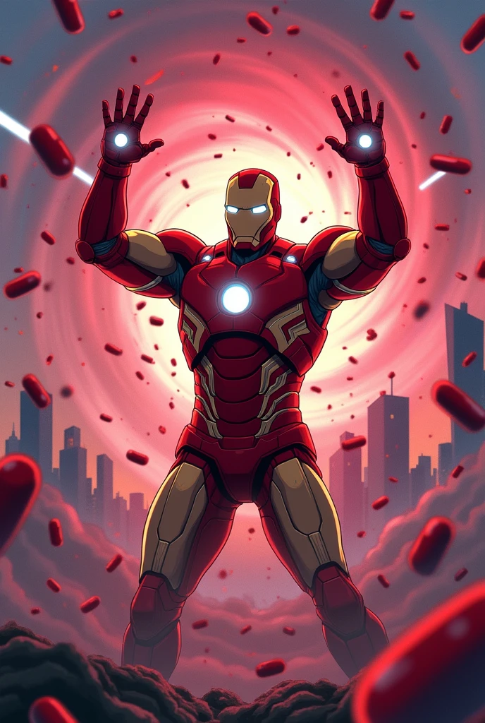 Make a meme of a man like ironman in anime theme standing raising the hands up and there are red pills cyclone everywhere which ironman wants to stop
