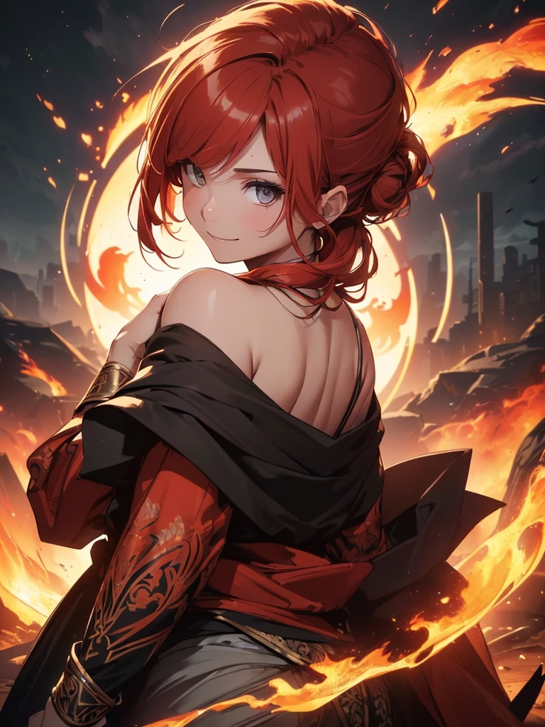 (((best quality, sharp image, clear image, cinematic lighting, 8k resolution, masterpiece, ultra detailed, intricate))) Girl, (((looking over left shoulder))), (shot from behind), fire mage, ((intricate background)), ((chaotic background)), red hair, smiling