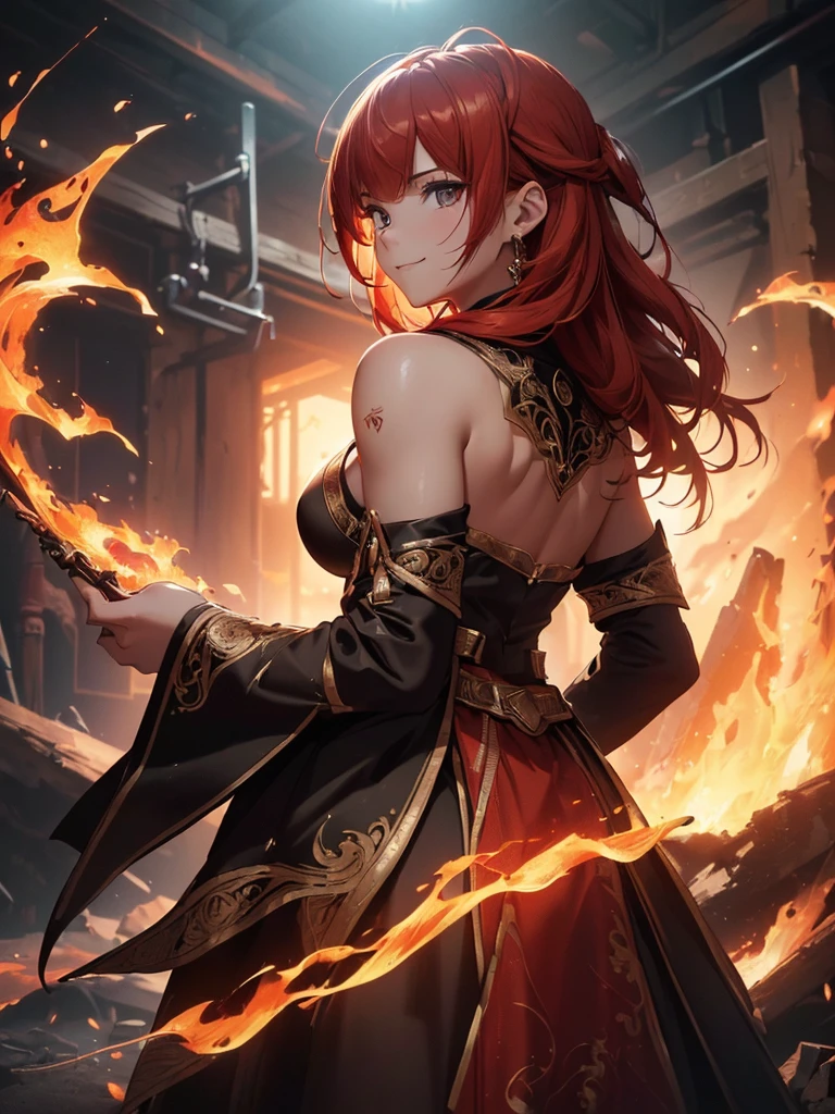 (((best quality, sharp image, clear image, cinematic lighting, 8k resolution, masterpiece, ultra detailed, intricate))) Girl, (((looking over left shoulder))), (shot from behind), fire mage, ((intricate background)), ((chaotic background)), red hair, smiling