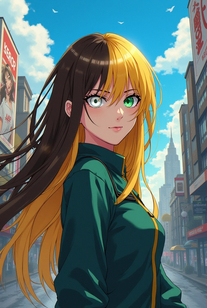 My hero academia, girl with half brown hair half yellow hair, one green eye and one white eye, long hair, pale skin, horikoshi art style, boku no hero academia