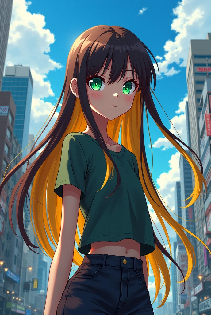 My hero academia, girl with half brown hair half yellow hair, one green eye and one white eye, long hair, pale skin, horikoshi art style, boku no hero academia
