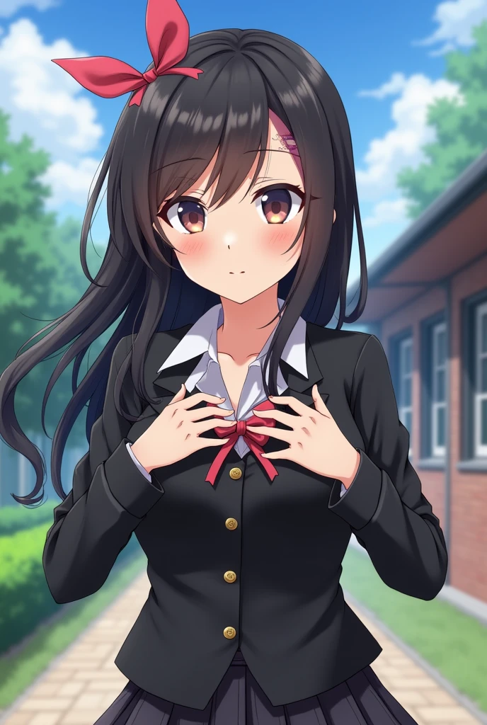 Sexy anime girl groping her breasts through a sexy black school uniform, in front of an elementary school