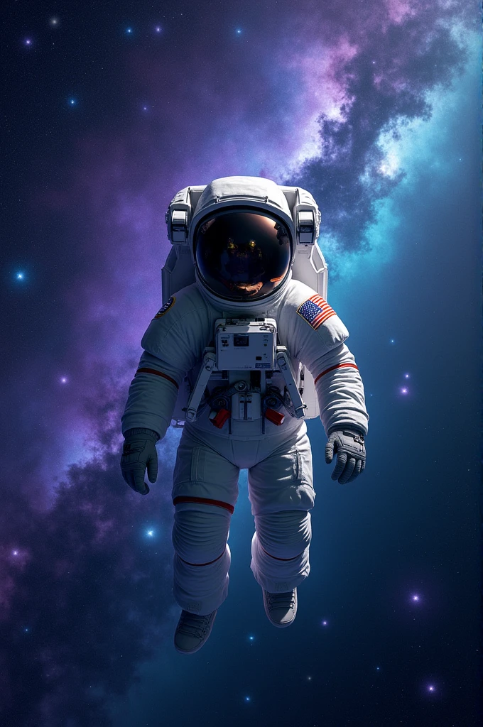 Purple constellations, blue and green with a realistic astronaut
