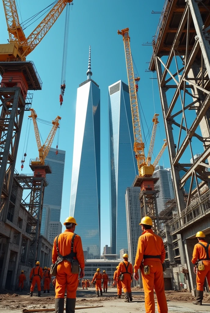 . Construction of the Twin Towers:
- Character: Construction workers
- Description: Workers building the Twin Towers with cranes and scaffolding
- Time period: 1970s
- Clothing: safety helmet, work overalls, construction tools
- Location: World Trade Center construction site in Manhattan
- Action: Workers assembling steel structures and glass panels
- What is seen in the background: Metal structures under construction, blue sky
- Shot Type: Very Long Shot
- Style: hyper-realistic, Photo realism, cinematography -- ar 9:16