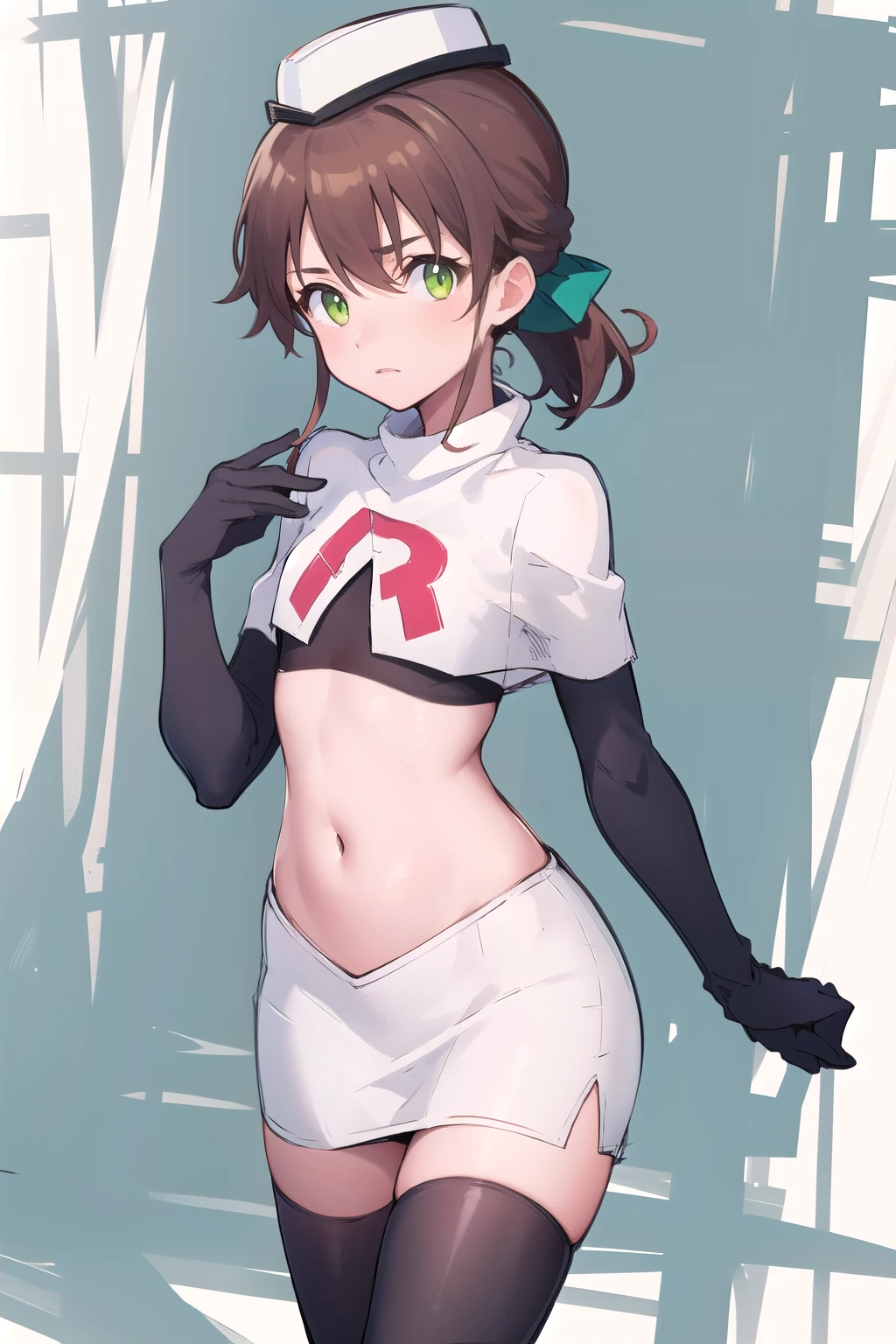 best quality, (masterpiece:1.2), illustration, absurdres,
(1girl), (solo), (beautiful detailed girl),
Towa Herschel, brown hair, ponytail, hair ribbon, green eyes, , small, short, flat chest, small breasts,
white hat, headwear,
team rocket,team rocket uniform,white skirt,red letter R,crop top,black thigh-highs,black elbow gloves,
looking at viewer, 
