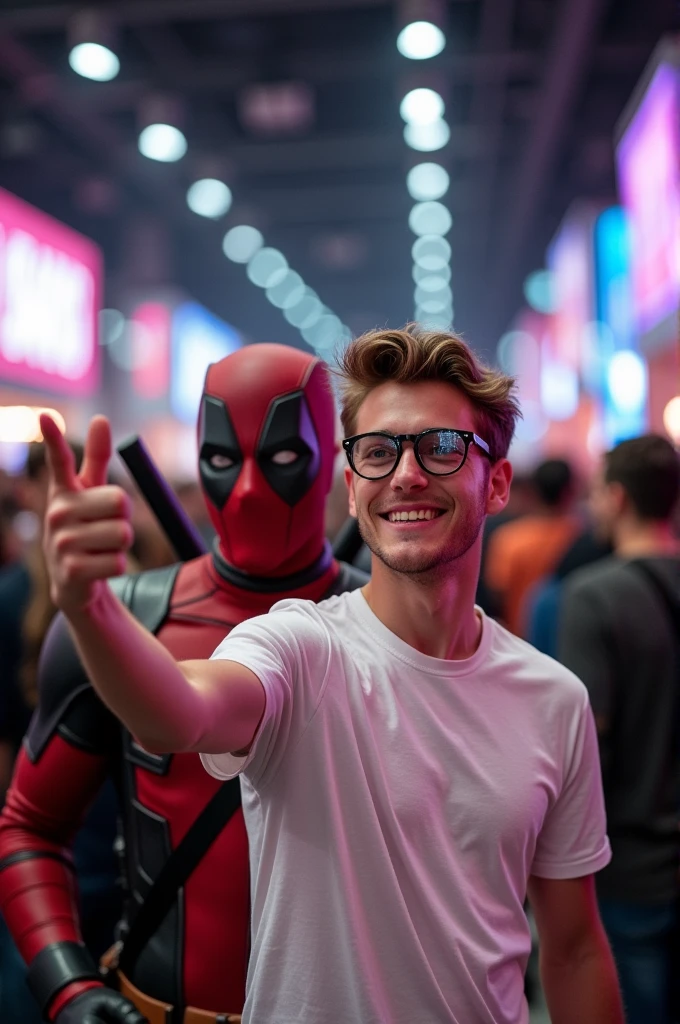 Draw a comic about a handsome young man (Peter Parker) wearing round glasses, a white T-shirt, posing for a selfie in a low-light environment. Behind this person, someone dressed as Deadpool is posing in the picture., the comic book character. The scene appears to be at a crowded event., like a convention or a party, since there are several people in the background.