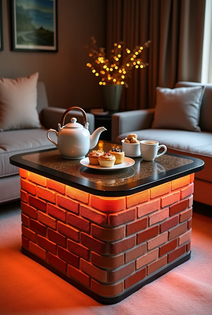 A square hospitality table, handcrafted to be a stylish centerpiece in the guest lounge.. The table top is made of clear glass, adding a touch of sophistication and simply showcasing what is placed on it.. The sides are made of MDF wood clad with textured wallpaper that resembles brick, giving the table a modern and economical feel..

Equipped with soft red interior lighting using a warm LED strip, it spreads a soft and beautiful glow throughout the room.. The table is adorned with a stylish teapot and some light breakfast treats, enhancing the hospitality atmosphere and adding a warm and welcoming touch.