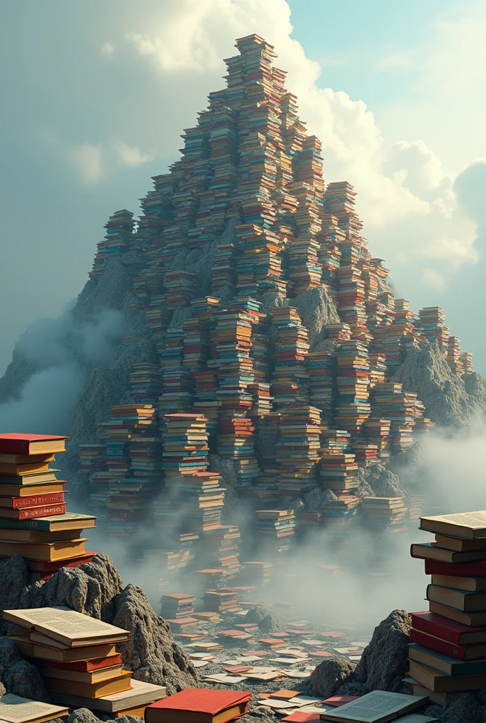 Mountain of books, flat surface where the ground is not visible, behind there are other similar mountains with different distances from the first mountain, the first mountain must be in the middle, The ground is not visible.