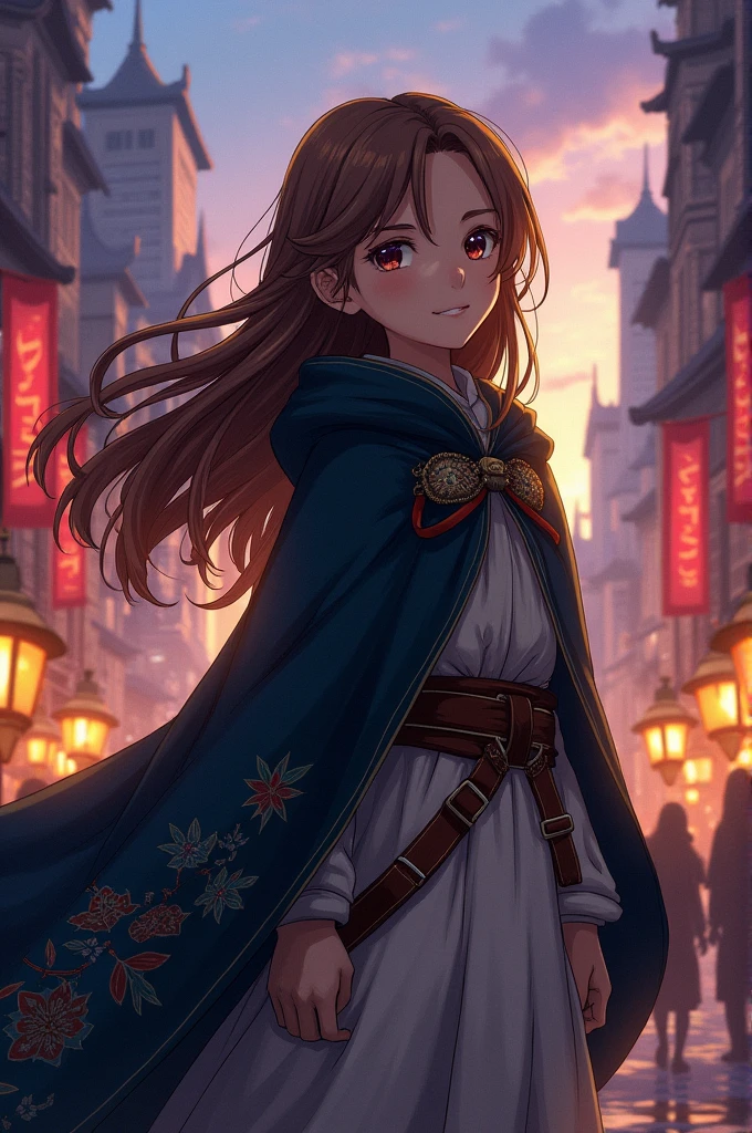 A brown haired girl with a black anime cloak