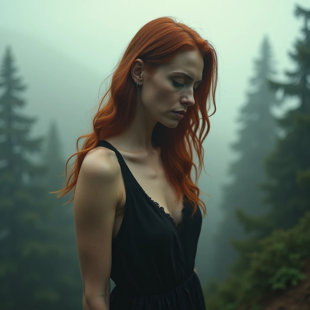 1 mature redhead woman, wrinkles, alone, (large dress: 1.1), sagging breasts, small breasts, long hair, sleeveless, infinite perspective blurred background with trees, cleavage, leaning, Slightly open mouth. realistic, anatomically correct, textured skins, high details, high quality, [[photorealistic Chromatic aberration]], digital photograph, high contrast, (cowboy shot), realistic hands. (Stand at the highest point overlooking the surrounding area, peer down the cliff:1.5), ((shoot from behind:2, looking away:2)), [Entire scene is surrounded by mist, evoking a mysterious and eerie atmosphere. The lighting is light and atmospheric, with smoke and fog adding a touch of sinister ambiance. Best quality image, HDR enhancement, showcasing the utmost level of detail and realism]. [(highly detailed CG colored unity 8k wallpaper), (best photo), (best shadows), isometric 3D, octane rendering, ray tracing, highly detailed, (Best quality, 4K, 8k:1.2), absurdity, ultra detailed, (realistic, photorealistic, photorealistic:1.37), complex parts, HDR, (complex parts:1.12), (hyper detailed, hyper realistic, Soft lighting, spicy:1.2), (complex parts, Hyper detailed:1.15). Blurred foreground. Blurred background. (backlit), masterpiece, high quality, brightness, chromatic aberration, foggy smoke, shadows, contrast, (warm hue, warm tone), high details, natural reflections]. many details. Cinematic lights. photo.