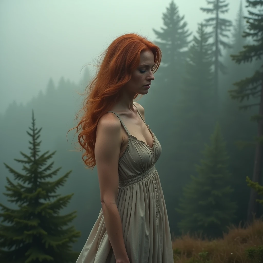 1 mature redhead woman, wrinkles, alone, (large dress: 1.1), sagging breasts, small breasts, long hair, sleeveless, infinite perspective blurred background with trees, cleavage, leaning, Slightly open mouth. realistic, anatomically correct, textured skins, high details, high quality, [[photorealistic Chromatic aberration]], digital photograph, high contrast, (cowboy shot), realistic hands. (Stand at the highest point overlooking the surrounding area, peer down the cliff:1.5), ((shoot from behind:2, looking away:2)), [Entire scene is surrounded by mist, evoking a mysterious and eerie atmosphere. The lighting is light and atmospheric, with smoke and fog adding a touch of sinister ambiance. Best quality image, HDR enhancement, showcasing the utmost level of detail and realism]. [(highly detailed CG colored unity 8k wallpaper), (best photo), (best shadows), isometric 3D, octane rendering, ray tracing, highly detailed, (Best quality, 4K, 8k:1.2), absurdity, ultra detailed, (realistic, photorealistic, photorealistic:1.37), complex parts, HDR, (complex parts:1.12), (hyper detailed, hyper realistic, Soft lighting, spicy:1.2), (complex parts, Hyper detailed:1.15). Blurred foreground. Blurred background. (backlit), masterpiece, high quality, brightness, chromatic aberration, foggy smoke, shadows, contrast, (warm hue, warm tone), high details, natural reflections]. many details. Cinematic lights. photo.