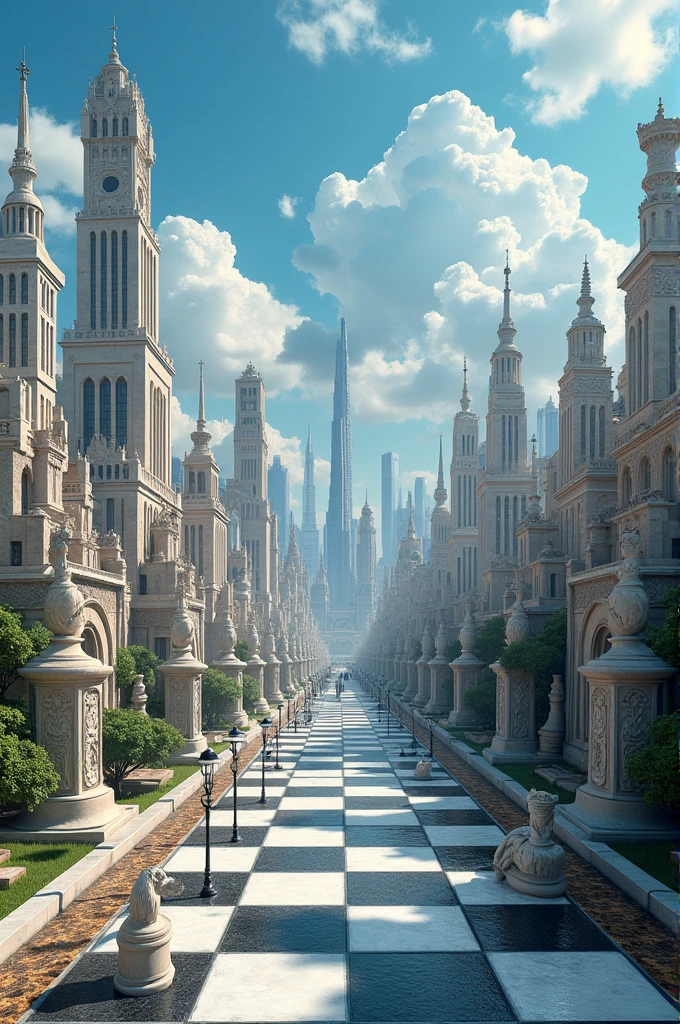 Create a city made out of chessboard the building must be made out of chess pieces