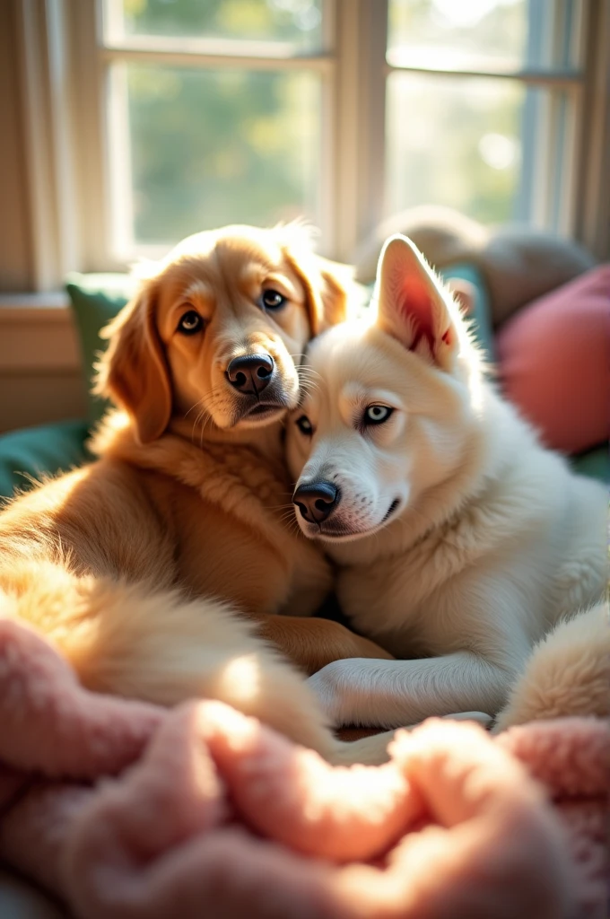 **10. Shared happiness**
-the dog Bili snuggling in his warm bed next to the dog Neve. Both seem happy and comfortable, symbolizing the new friendship.